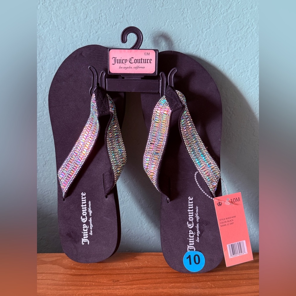 JUICY COUTURE Black Jeweled Embellished Crystal Diamond-Like Thongs Flip Flop 10